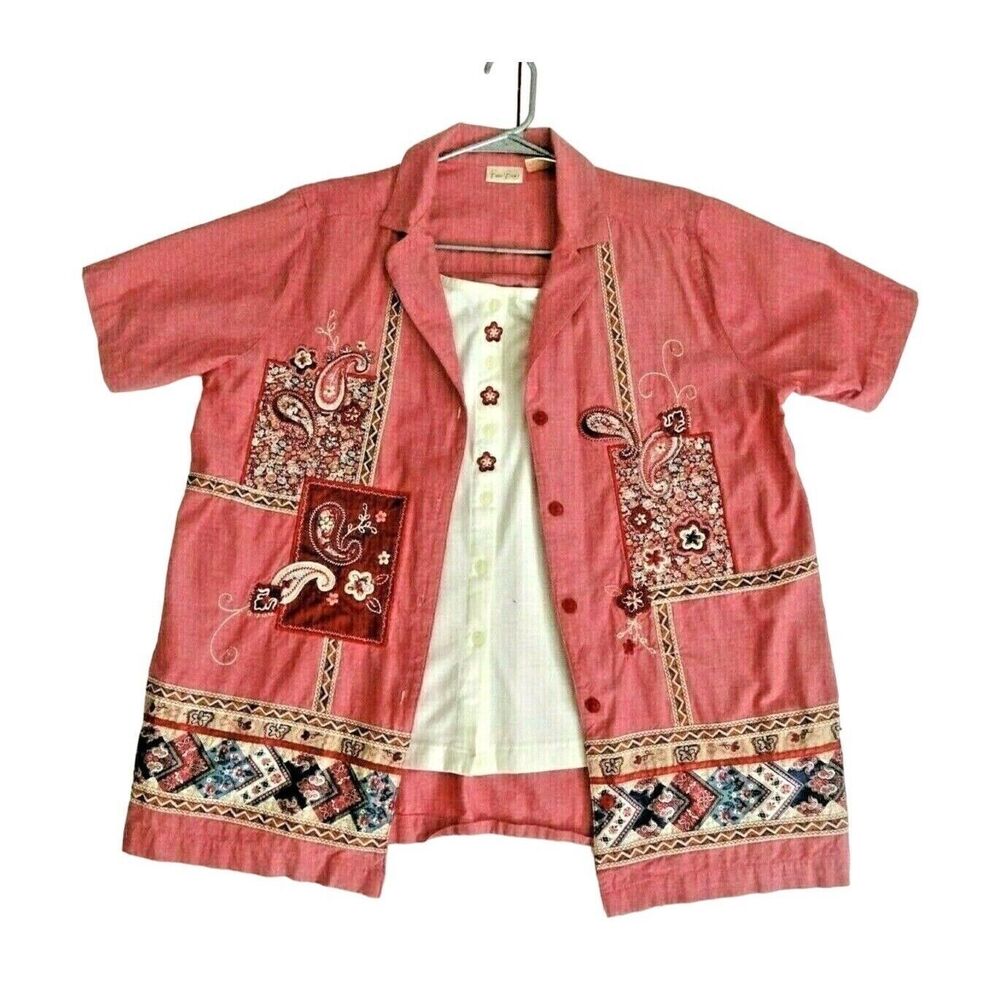 Boho Inspired Bobbie Brooks Paisley Patchwork Attached Blouse Sz 14/16 Red White